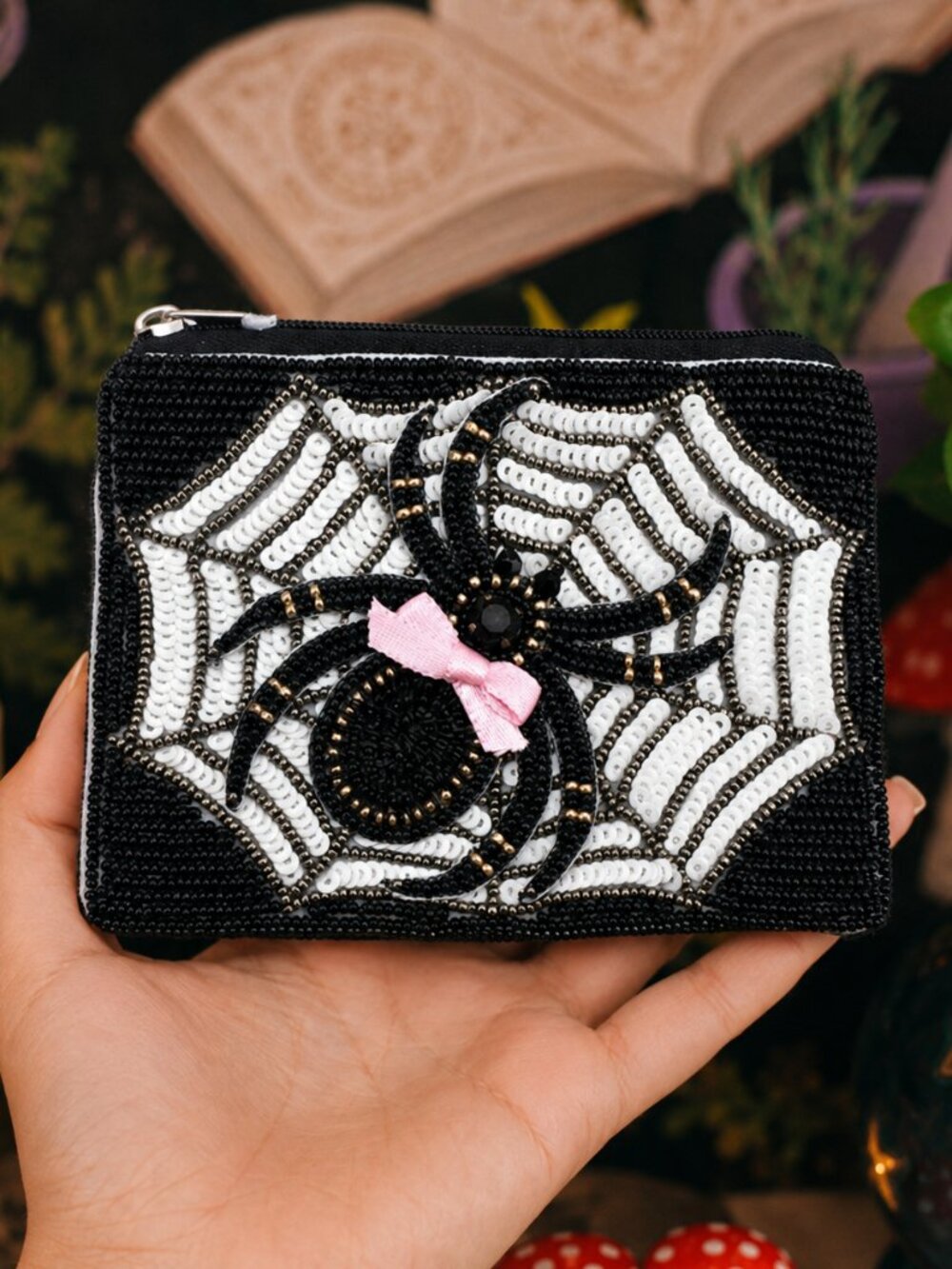 Charlette's Web Spider Halloween Beaded Front Coin Lipstick Makeup Bag Pouch NEW